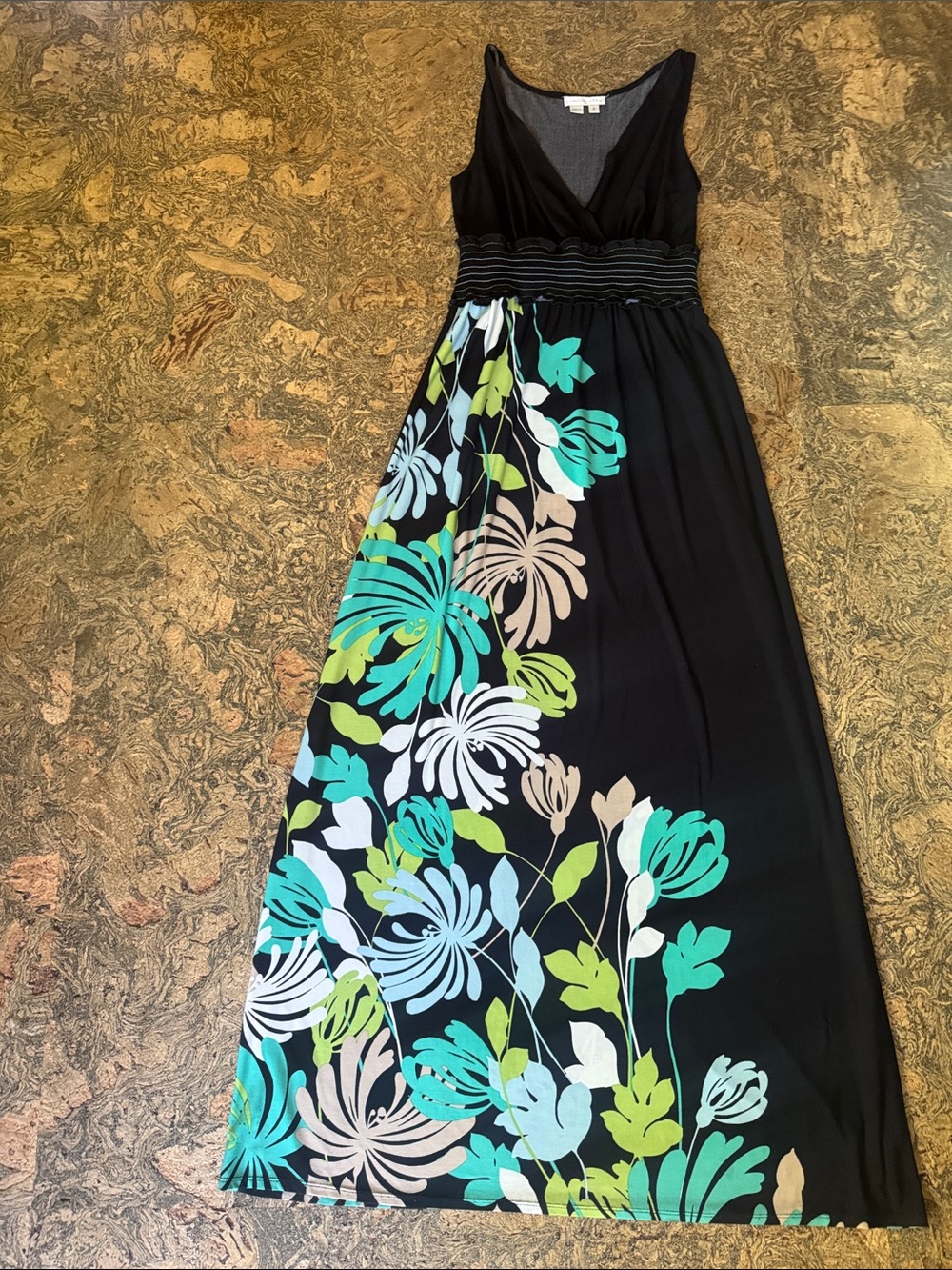 London Times Black Maxi Dress with Teal, Aqua & Lime Floral Print